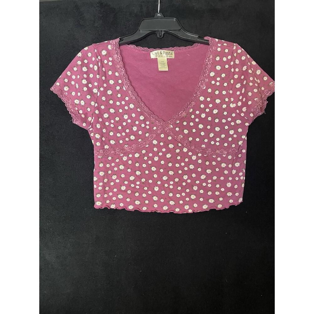 Wild Fable Pink Floral V-Neck Short Sleeve Top Cute Ditsy Girly Size L